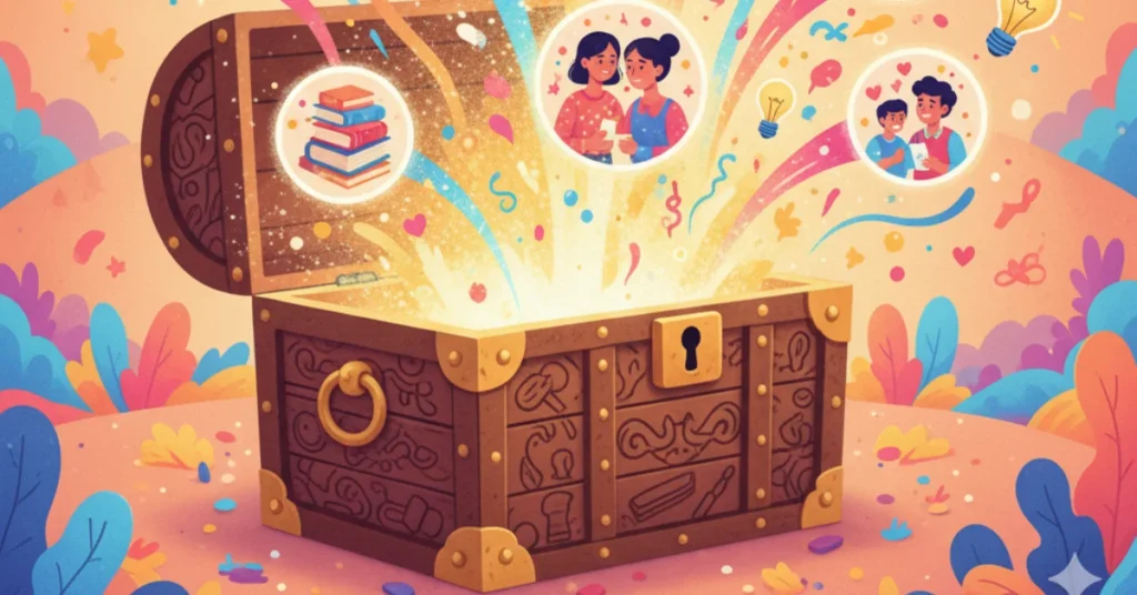 Treasure chest glowing with diverse stories symbolizing joy and discovery.