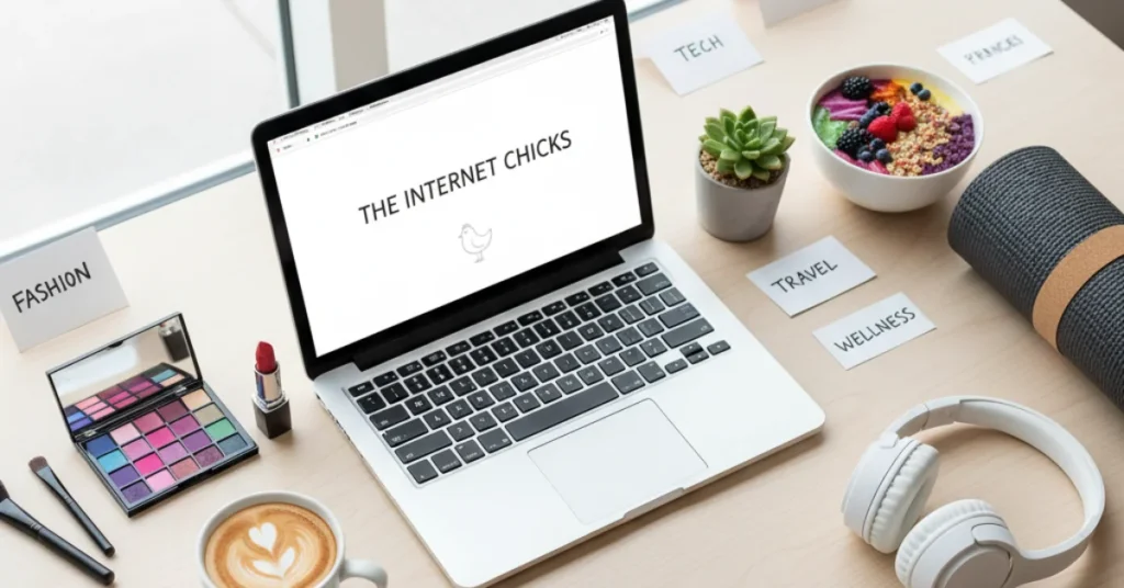 Flat lay of lifestyle essentials including a laptop, makeup, camera, coffee, and books — reflecting the wide variety of topics on The Internet Chicks blog.