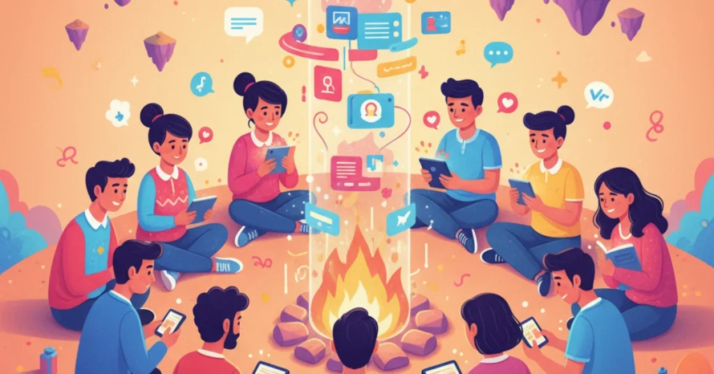 Diverse group sharing stories around a digital campfire showing unity through storytelling.