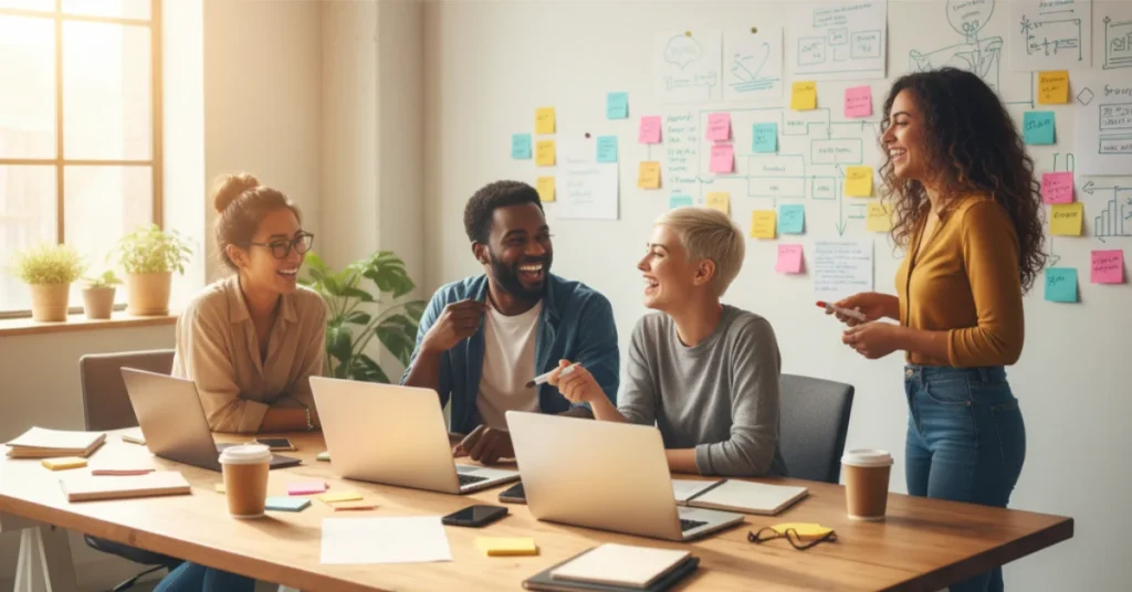 A cheerful creative team collaborating in a modern workspace, representing the passionate writers and editors behind The Internet Chicks.