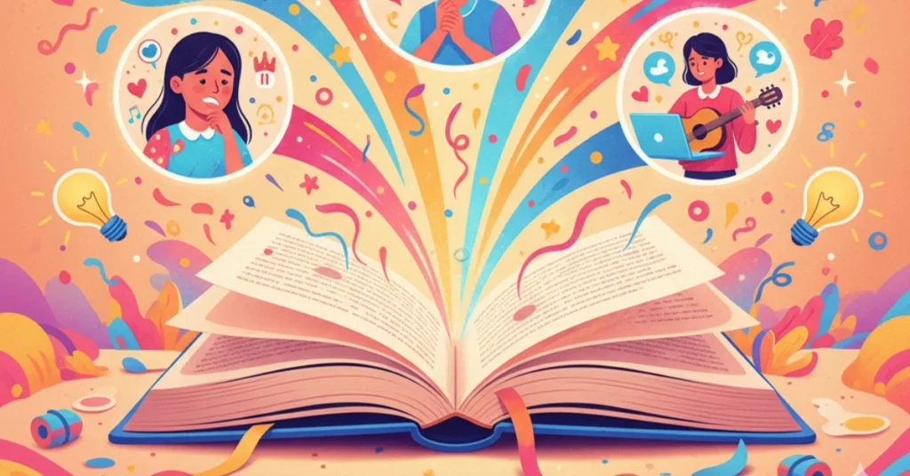 Colorful open book with light beams connecting story scenes of joy, emotions, and creativity. Bright, artistic, inspiring vibe.