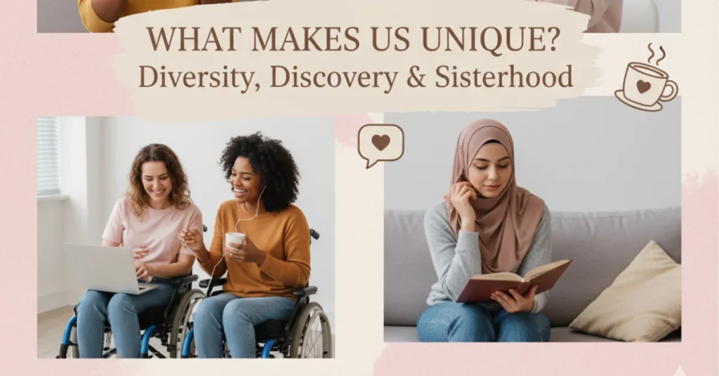 A diverse group of modern women smiling, using phones, and reading blogs — showcasing the unique and inclusive spirit of The Internet Chicks.