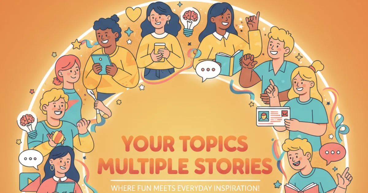 Vibrant illustration showing people sharing fun and inspiring stories under the theme “Your Topics Multiple Stories.”